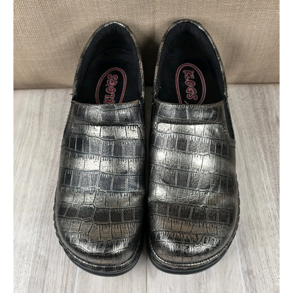 Klogs Naples Pewter Metallic Croc Leather Slip On Clogs Comfort Work Womens 8M